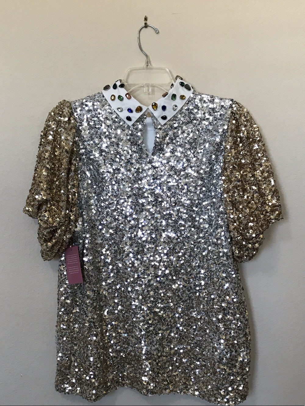 Ivy City Co Silver and Gold Sequin Short Sleeve Top with Embellished Collar - Picture 2 of 4